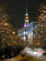 Architectural illumination of residential buildings on Kommunisticheskaya st, Minsk, Belarus.